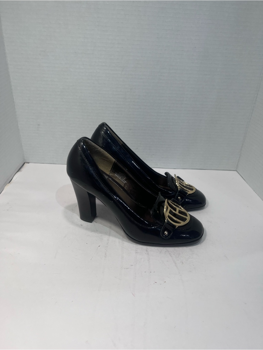Tommy Hilfiger Black Patent Leather Heels with Gold Logo Accent